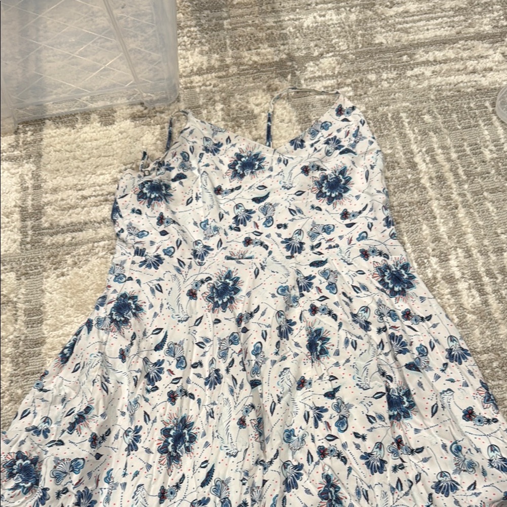 Floral Print Dress with Blue and White Pattern